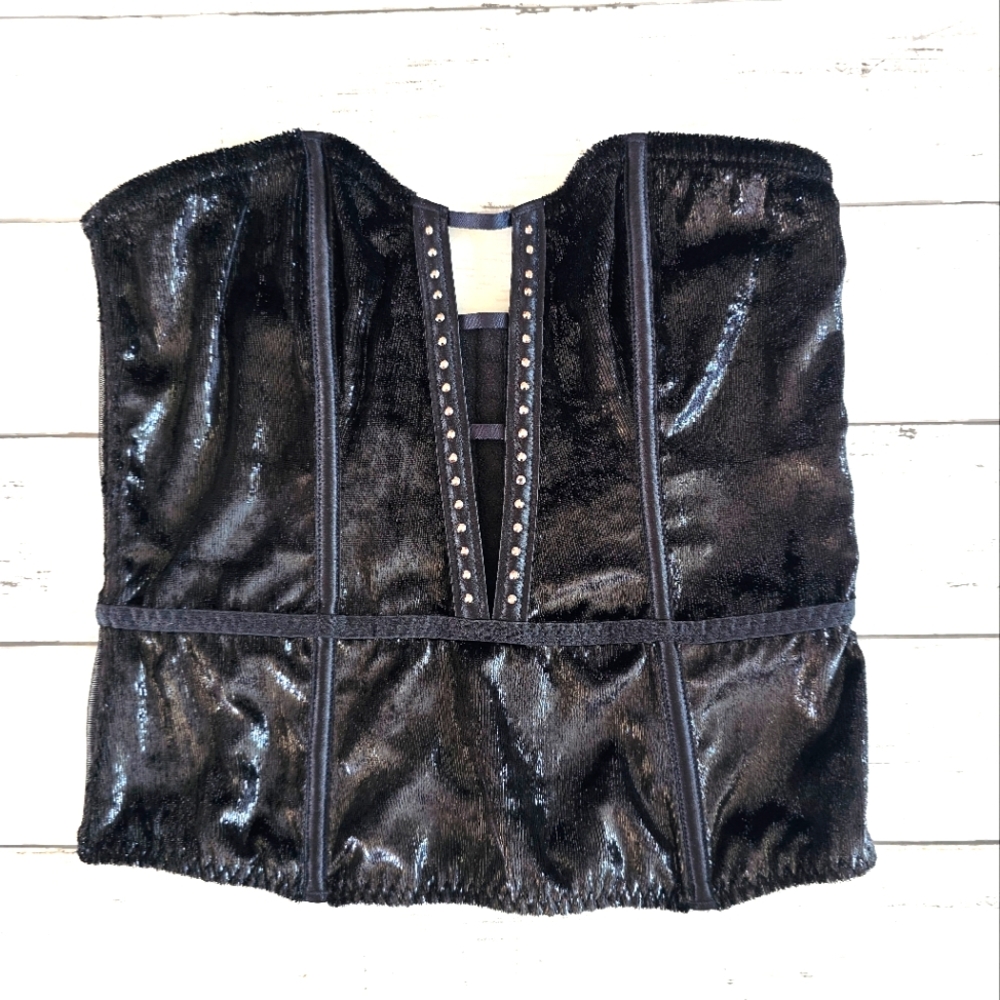 Victoria's Secret Black Shiny Stud Rhinestone Bustier Lace Corset Sexy Size S